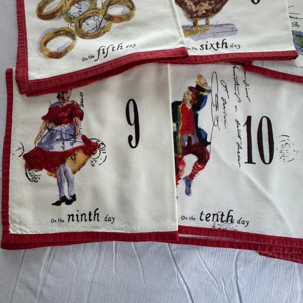 Williams Sonoma 12 Days of Christmas Cotton Napkins Set of 12 Red White RARE